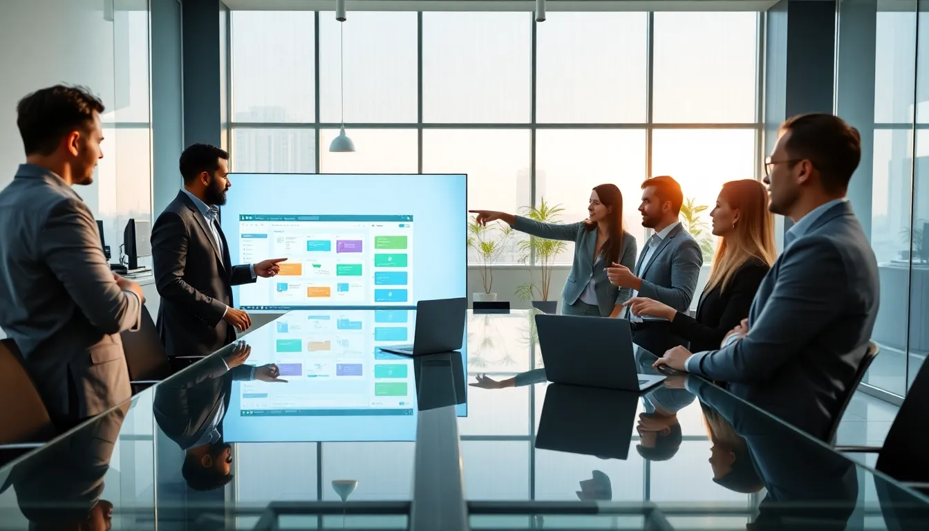 diverse team collaborating on low code development in a modern office.