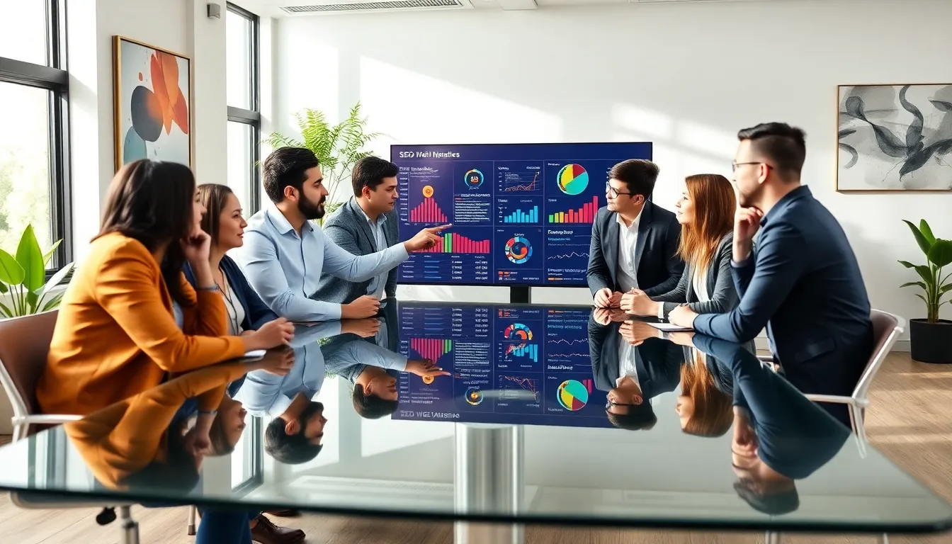 diverse team discussing SEO strategy in a modern office.