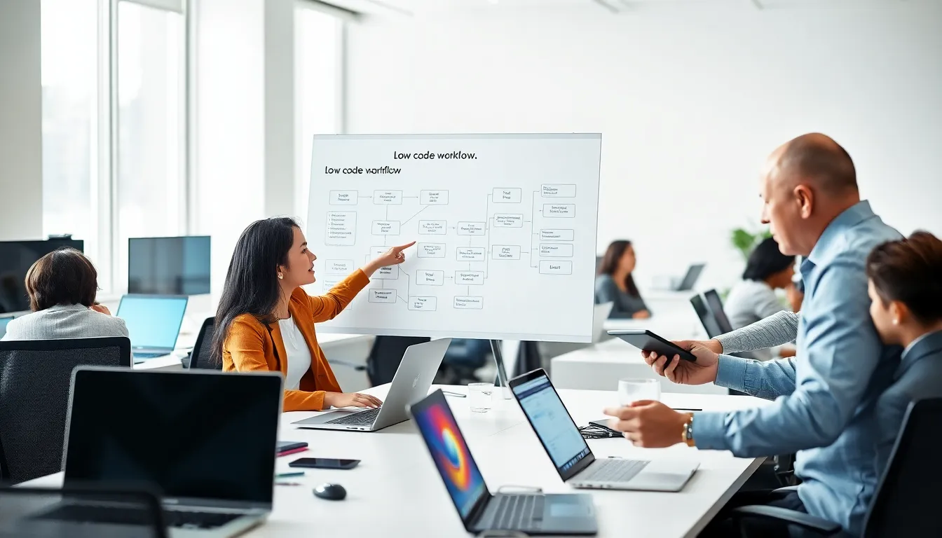 diverse team collaborating on low code workflow in a modern office.