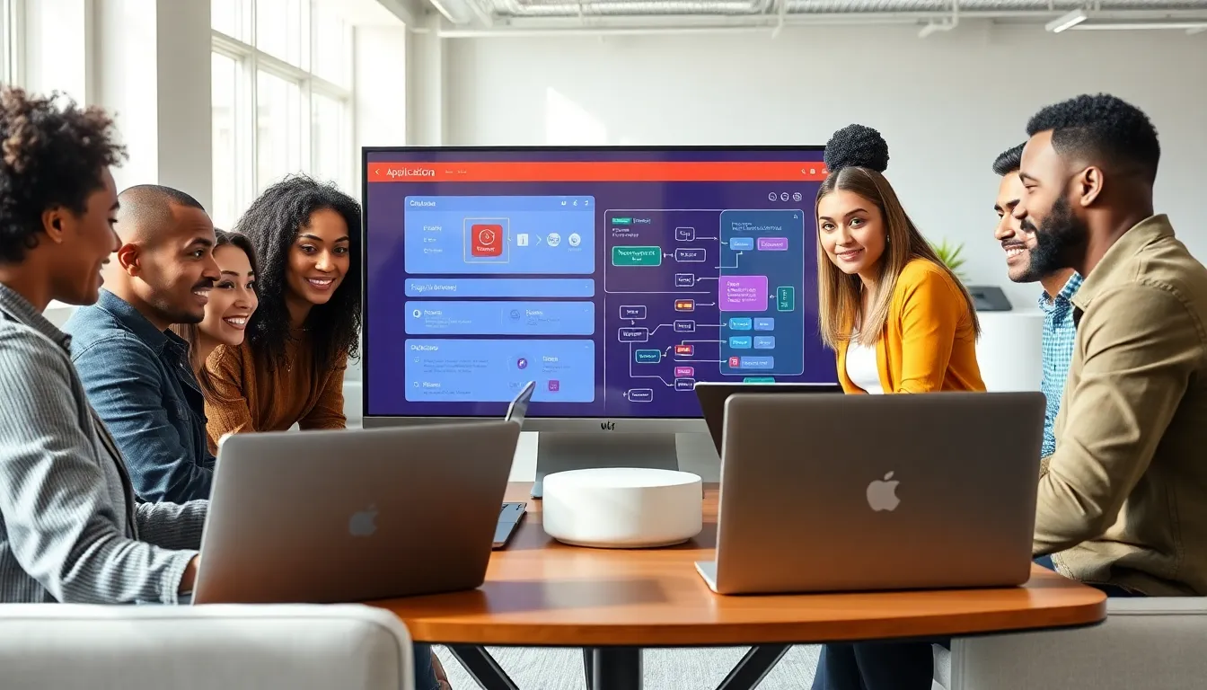 diverse team collaborating on a low-code automation platform in a modern office.