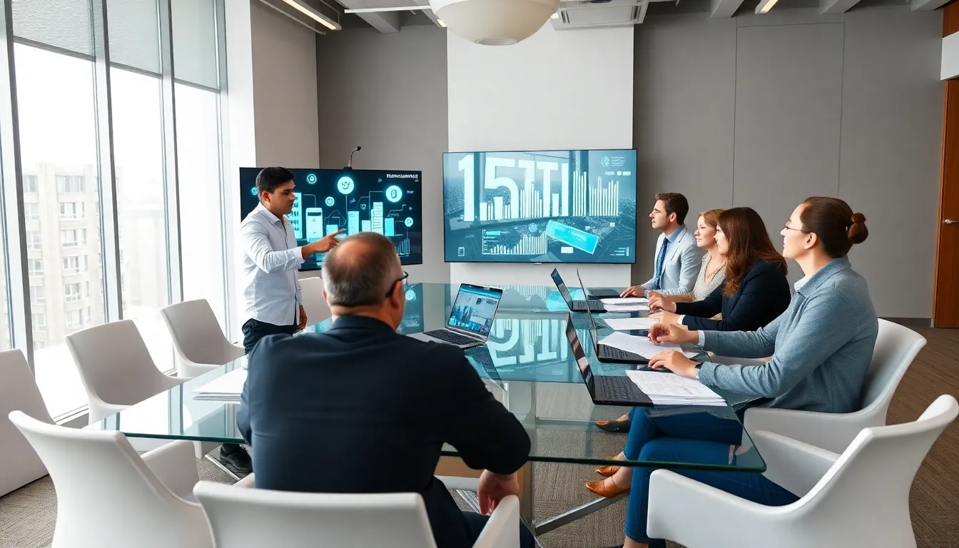 Diverse professionals collaborating on fintech innovations in a modern office.