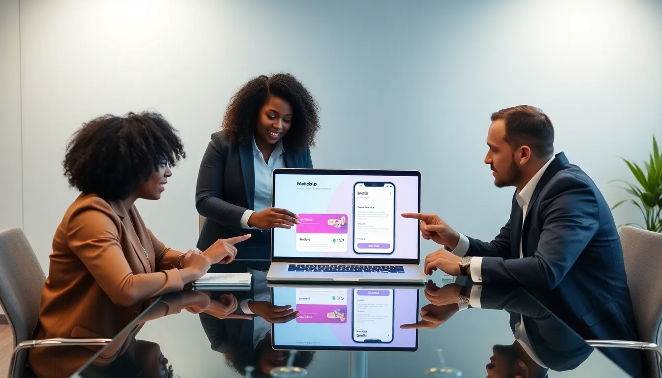 diverse professionals collaborating on a mobile app in a modern workspace.