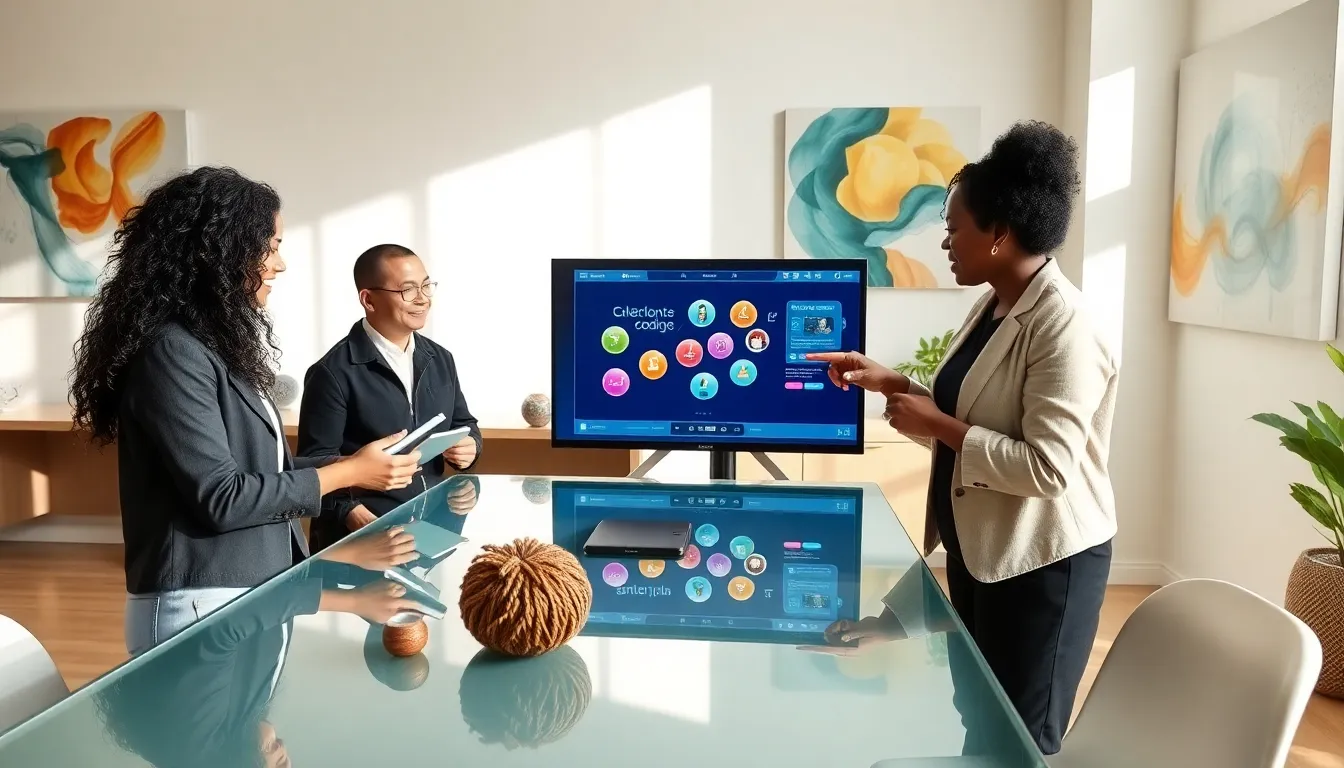 diverse team collaborating on a bubble coding application in a modern office.