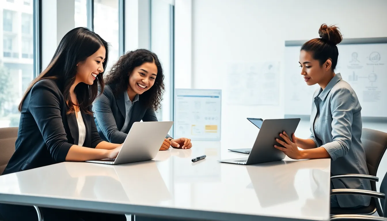 diverse team collaborating on low code no code platforms in a modern office.