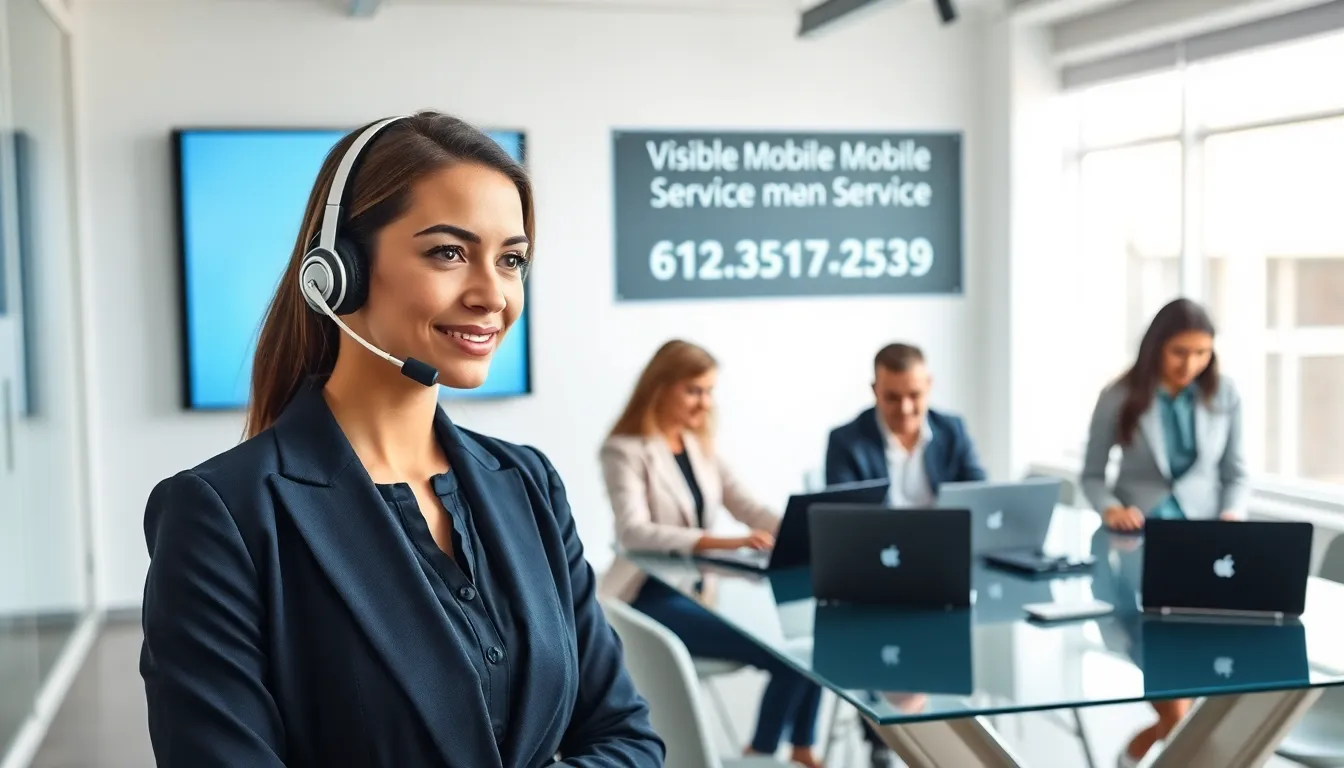 diverse customer service team in a modern office with a visible phone number.