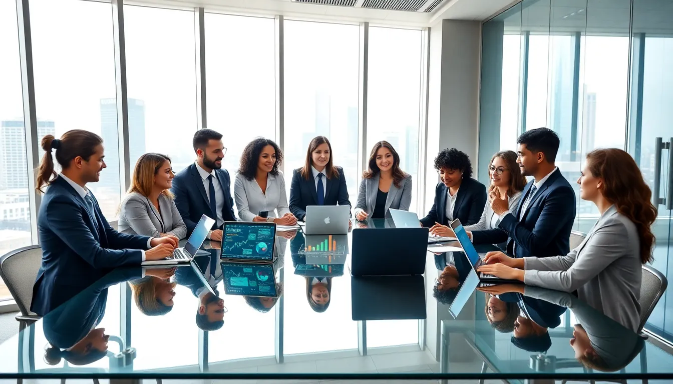 diverse team discussing fintech in a modern office setting.