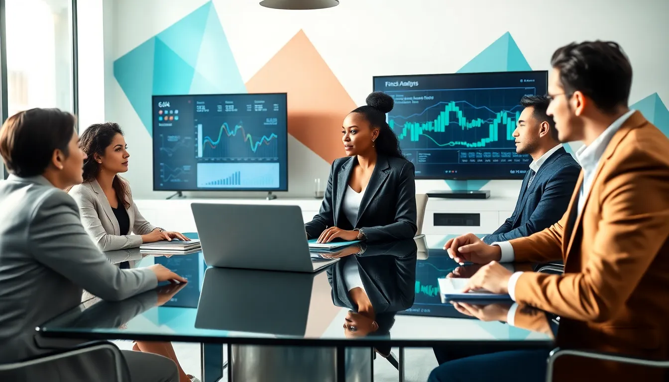 diverse team discussing fintech analytics in a modern office.
