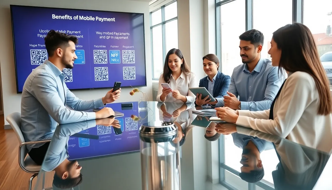 Professionals discussing mobile payment systems in a modern office.